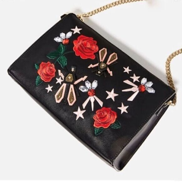 Zara Handbags - Zara Rose Embroidered Gold Chain Crossbody